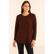 Kendinden Desenli Anne Penye Bluz Kahverengi