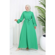 Sefa Merve Gofre Kumaş Kuşaklı Elbise 2086-03 Yeşil