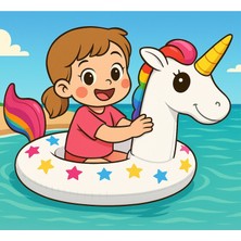 Nunu Gökkuşağı Boynuz- Unicorn Yüzme Simiti- Gülümseyen Boynuz- Tatlı Unicorn Su Arkadaşı