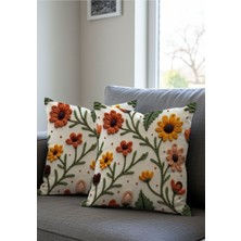 Punch Nakış Desen Dijital Baskılı Sarı Turuncu Sonbahar Temalı 2li Kırlent Kılıfı