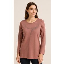 Kolları ve Kendi Taş Işlemeli Kadın Bluz Gül Kurusu