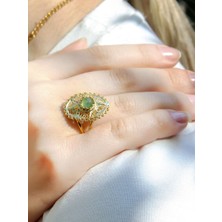 Doğal Taş Yeşil Akik Doğal Taşlı Telkari Modelli Kadın Ayarlanabilir Altın Kaplama Yüzük EUY65YAG