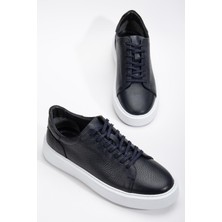 Hakiki Deri Erkek Günlük Ayakkabı Lacivert Bağcıklı Kalın Taban