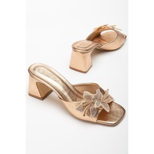 Kadın Topuklu Terlik Rose Cilt Taşlı Yaprak Aksesuarlı