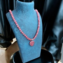 Gül Kuvars Taşı Kalpli Kolye- Doğal Taş Kolye - 8 mm Sade Kolye - Doğal Taş Kolye Bohem Kolye 8 mm Doğal Taş Kolye