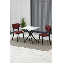 Elma Modeli Kare Mutfak Masa Sandalye Takımı, 2 Sandalye 1 Sabit Beyaz Masa  70X70 Cm, Keten Kumaş