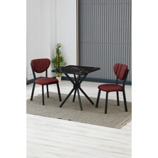 Elma Modeli Kare Mutfak Masa Sandalye Takımı 2 Sandalye 1 Siyah Mermer Desen Masa 70X70 Keten Kumaş