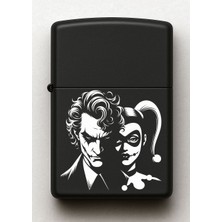 Joker ve Harley Quinn Desenli Kişiye Özel Isimli Siyah Benzinli Metal Çakmak