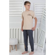 Isob Bej Basketbol Topu Desenli %100 Pamuk Kısa Kollu Erkek Çocuk Pijama Takımı 8-13 Yaş 41516-BE