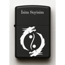 Ying Yang Ejderha Desenli Kişiye Özel Isimli Siyah Benzinli Metal Çakmak