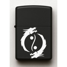 Ying Yang Ejderha Desenli Kişiye Özel Isimli Siyah Benzinli Metal Çakmak