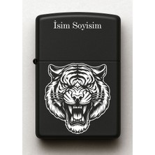 Kaplan Desenli Kişiye Özel Isimli Siyah Benzinli Metal Çakmak