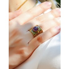 Doğal Taş Ametist Doğal Taşlı Ayarlanabilir Antik Kadın Yüzük EUY68AMT