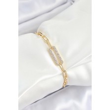 Pirinç  Dikdörtgen Model Zirkon Taşlı Gold Renk Vip Seri Kadın Bileklik