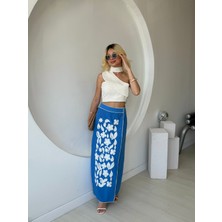 Nakışlı Kruvaze Kapama Mavi Etek