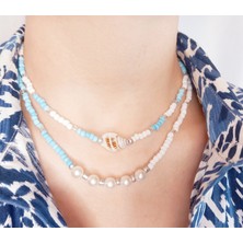 Crystal Atelier Deniz Kabuklu Incili 2’li Kolye Seti, Mavi Beyaz Kum Boncuklu Incili Yazlık Tasarım Kolye Seti, El Yapımı Kadın Kolye Seti, Inci Kolye, Barok Inci Kolye, Deniz Kabuğu Kolye, Kum Kolye
