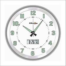 40 cm Büyük Aluminyum Duvar Saati, Fosforlu, Sessiz, Saniyeli ve Termometreli