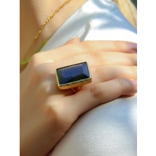 Kedi Gözü Cam Kadın Ayarlanabilir Altın Kaplama Yüzük Siyah EUY69S