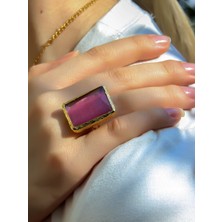 Kedi Gözü Cam Kadın Ayarlanabilir Altın Kaplama Yüzük Pembe EUY69P