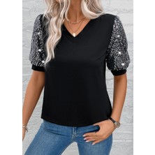 Sosostyle Kadın Kısa Kollu V Yakalı Pul Payet Detaylı Viskon Bluz