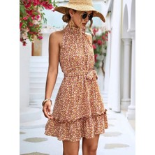 Tua Moda Kadın Eteği Volanlı Halter Yaka Süprem Elbise