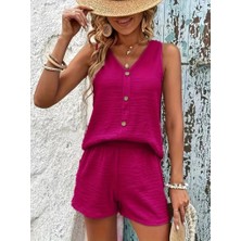 Gökyüzü Moda Kadın Askılı Kolsuz V Yakalı Önden Düğmeli Bürümcük Bluz ve Short Ikili Takım