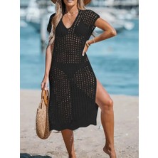 Arben Boutique Kadın Sıfır Kol V Yaka Yanı Derin Yırtmaçlı Midi Boy Triko Elbise