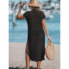 Arben Boutique Kadın Sıfır Kol V Yaka Yanı Derin Yırtmaçlı Midi Boy Triko Elbise