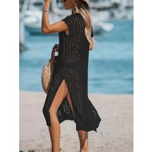Arben Boutique Kadın Sıfır Kol V Yaka Yanı Derin Yırtmaçlı Midi Boy Triko Elbise