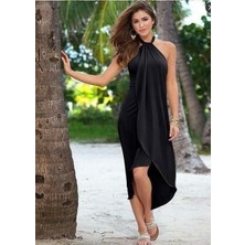 Modavera Kadın Omuzlardan Açık Boyundan Geçmeli Asimetrik Kesim Detaylı Viskon Elbise