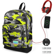 Kids Siyah Gri Kamuflaj Desenli Dört Bölmeli USB Şarjlı Kulaklık Çıkışlı Okul Sırt Çantas