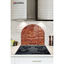 Cam Ocak Arkası Koruyucu | Oval Şekilli | Tuğla Desenli | 52CM x 60CM