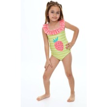 Cg Kids Kız Çocuk Fırfır Yaka Arkası Çapraz Yeşil Çizgili Pembe Çilek Desen Detaylı Mayo Bikini
