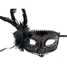 Nessi World Nessiworld   Siyah Renk Yandan Tüylü Güllü Gümüş Taşlı Pullu Maske 20x22 cm