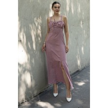 Göğüs Büzgülü Önden Yırtmaçlı Straplez Askılı Uzun Elbise 50322