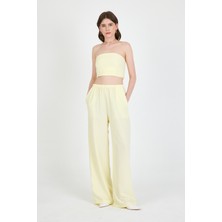 Sarı Straplez Asimetrik Bluz Pantolon Takım 5234