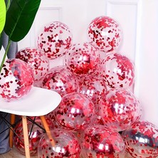 10 Adet Kırmızı Renk Konfeti Dolu Şeffaf Balon - Parti ve Doğum Günü Süslemesi Balon Seti