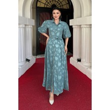 Tül Kumaş Üç Boyut Dikişli Midi Elbise - Mint Yeşili