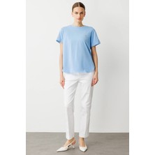  On Kısa Kollu Süs Detaylı Pamuk Bluz Mavı 51531