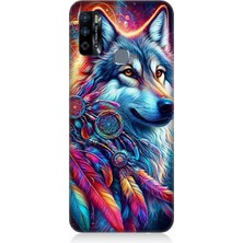 Infinix Hot 9 Uyumlu Renkli Tüylerde Kurt Ruhu  Desenli Silikon Kılıf
