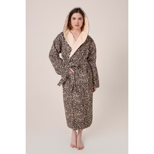 Vevien Home Leopar Desenli Dijital Baskılı Kapüşonlu Bornoz