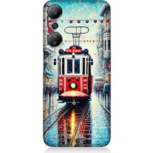 Infinix Hot 20 Uyumlu Yağmurlu Sokakta Kırmızı Tramvay  Desenli Silikon Kılıf