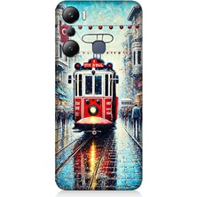 Infinix Hot 20I Uyumlu Yağmurlu Sokakta Kırmızı Tramvay  Desenli Silikon Kılıf