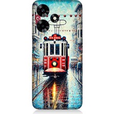 Infinix Hot 30 Uyumlu Yağmurlu Sokakta Kırmızı Tramvay  Desenli Silikon Kılıf