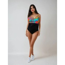 Kadın Siyah Çok Renkli V Yaka Yüzücü Mayo HZL25S-LC4008