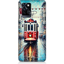 Infinix Note 10 Pro Uyumlu Yağmurlu Sokakta Kırmızı Tramvay  Desenli Silikon Kılıf