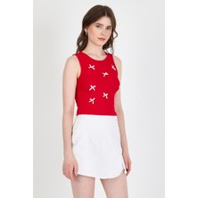 Kırmızı Fiyonk Işlemeli Crop Örme Atlet 0849