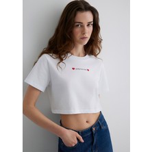 Mavi Baskılı Beyaz Crop Tişört 1613208-620