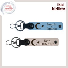 Kardeşe Vatan Temalı Anlamlı Hediye – Ay Yıldızlı Kişisel Isimli Anahtarlık Takımı, Gök Mavi-Pudra