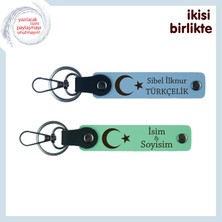 Sevgiliye Ay Yıldızlı Aşk Hatırası – Kişisel Isimli 2’li Deri Anahtarlık Seti Hediyelik, Mavi-Yeşil